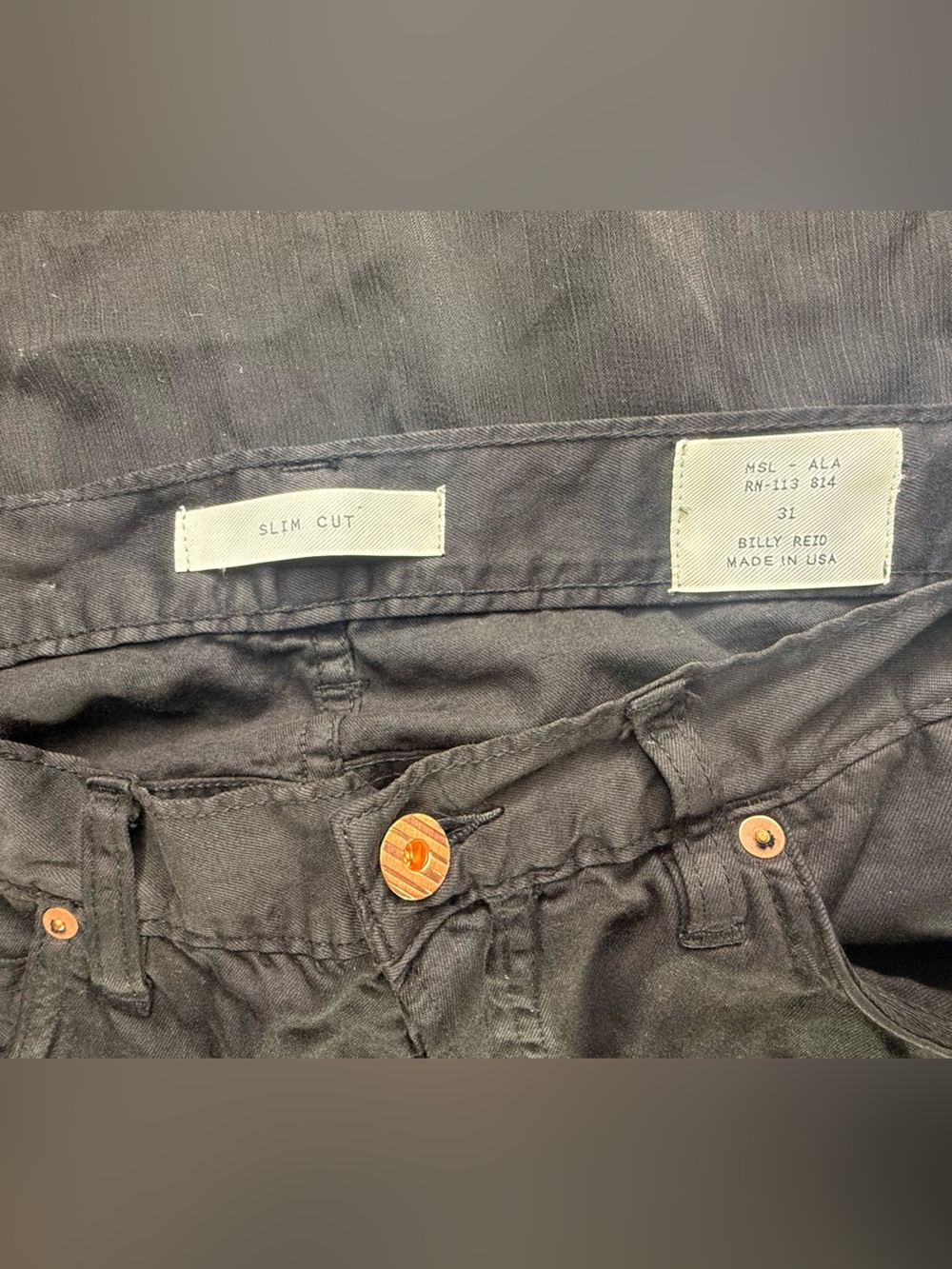 Billy Reid Black Slim Cut Jeans with Copper Buttons